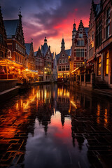 Obraz premium Stunning winter skyline captures the enchanting blend of historical architecture and picturesque water reflection in European cities 