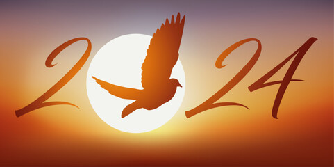 Une carte de vœux 2024 symbolisant la liberté et la paix dans le monde, avec une colombe qui s’envole devant un coucher de soleil en signe d’espoir. - 644420006
