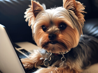 Fototapeta premium Cute Yorkshire Terrier dog at the table in front of the keyboard, looking at the screen and working on the computer