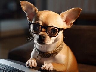 Cute chihuahua dog with glasses at the table in front of the keyboard, looking at the screen and working on the computer