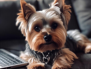 Cute Yorkshire Terrier dog at the table in front of the keyboard, looking at the screen and working on the computer