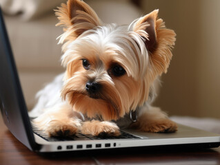 Cute Yorkshire Terrier dog at the table in front of the keyboard, looking at the screen and working on the computer