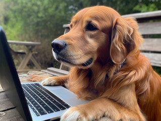 Cute golden retriever dog in the garden sits at the table in front of the keyboard, looks at the screen and works on the computer