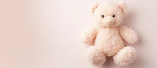 White isolated pastel background Copy space with soft toy bear and heart shaped paws
