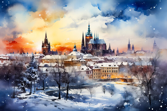 A stunning watercolor skyline of Prague capturing the magical winter atmosphere with its snowy rooftops and glowing evening lights 