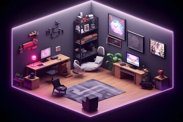 3d game room isometric style Made with Generative AI - obrazy, fototapety, plakaty