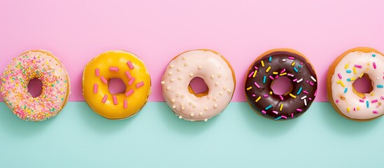 Multicolored donuts against isolated pastel background Copy space