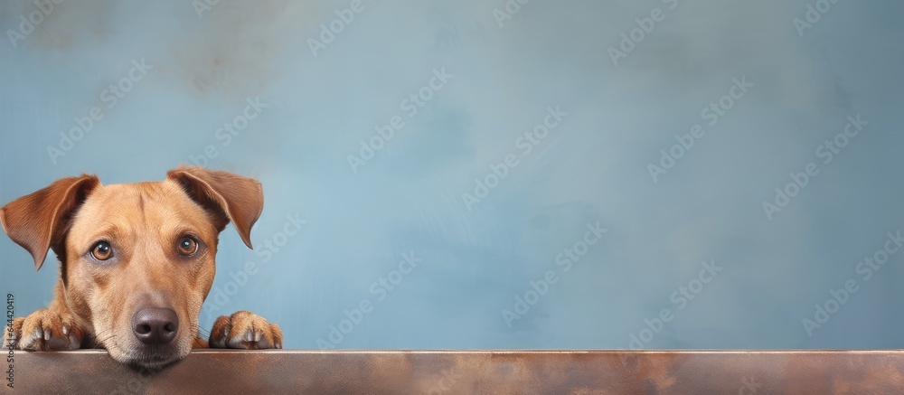 Poster mutt with light colored fur standing in studio isolated pastel background copy space