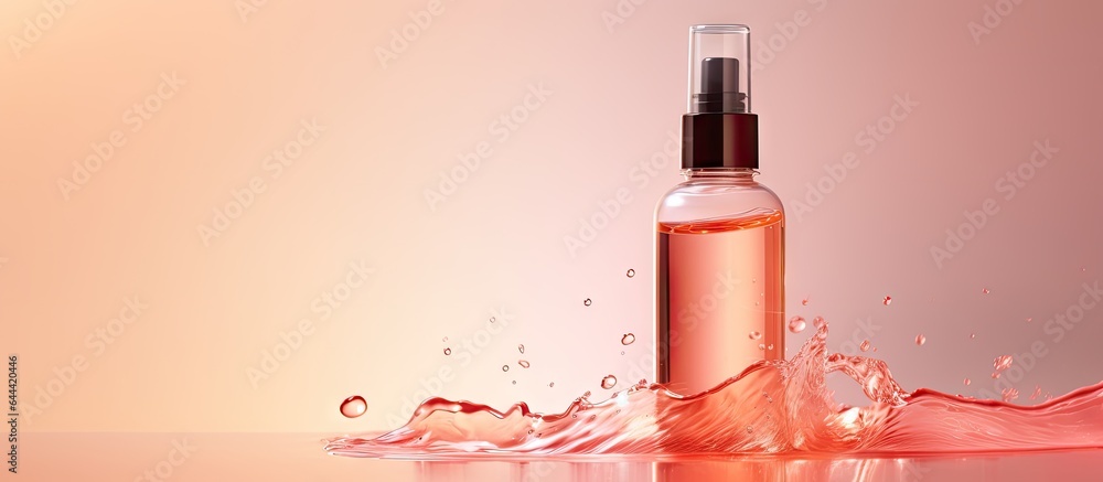 Poster liquid pouring from a black bottle separate from others isolated pastel background copy space