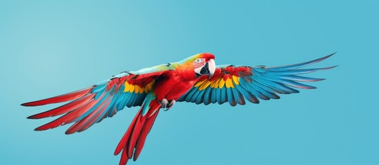 Red and gold Macaw parrots in a colorful aviary isolated on a isolated pastel background Copy space