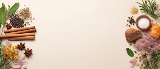 Thai herbs for hot compress therapy isolated on a isolated pastel background Copy space utilized in body care products