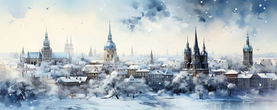 A stunning watercolor painting capturing a snowy European skyline adorned with intricate architectural details background with empty space for text 
