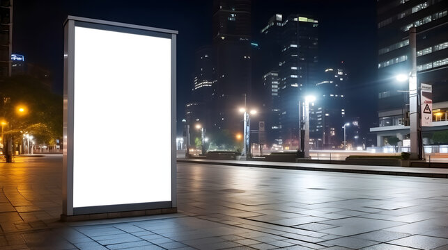 panneau publicitaire vierge, format portrait, dans une ville la nuit