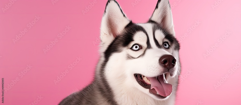 Poster smiling siberian husky dog in a studio portrait with isolated pastel background copy space