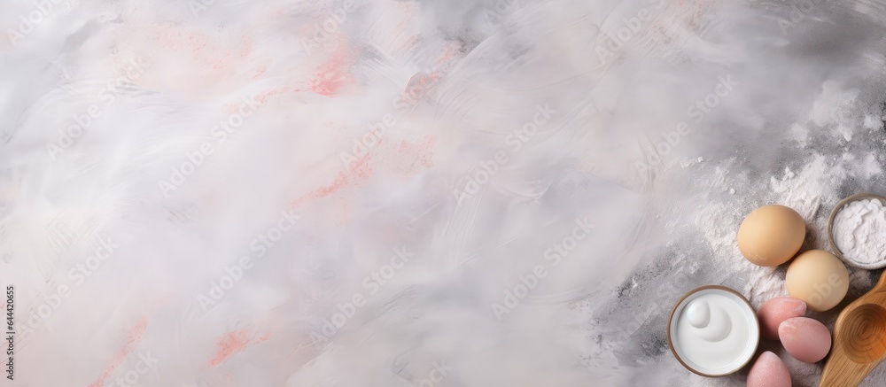 Poster Table set for baking with space for text viewed from above isolated pastel background Copy space