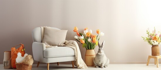 Minimalist home design with a sofa and artifical flowers palm leaf on wall armchair and bedroom with small pillows and blanket adorned with Easter decor like a golden rabbit on the table isolat