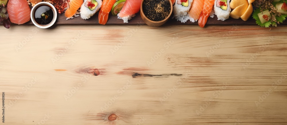 Poster sushi assortment on table isolated pastel background copy space