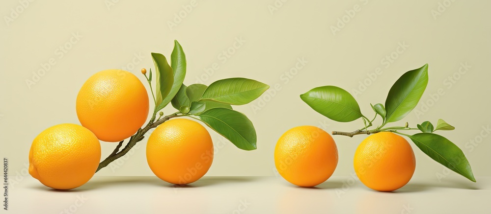 Poster three whole kumquat and one sliced on a isolated pastel background copy space seen from the front