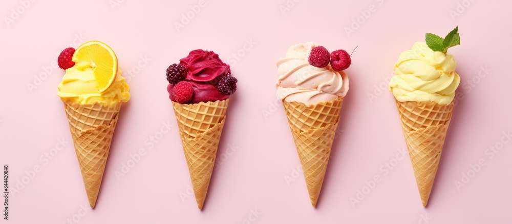 Poster sweet food with lemon and cranberry on isolated pastel background copy space is ice cream in cones