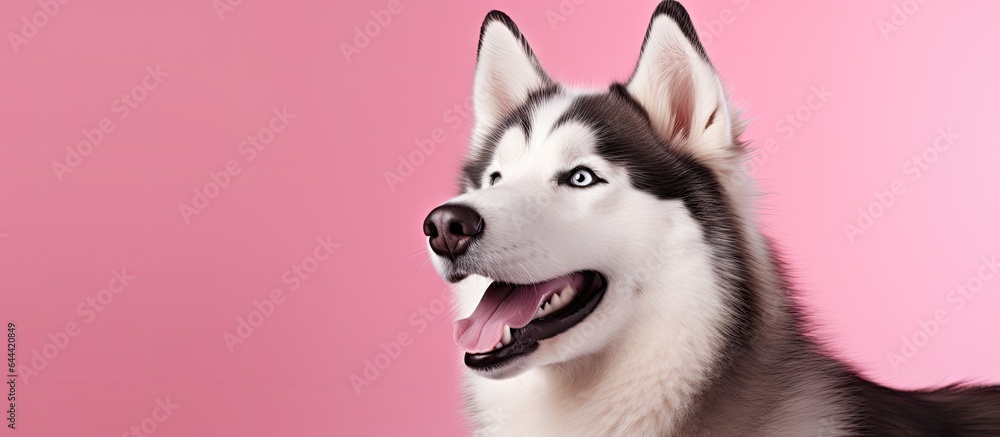 Poster smiling siberian husky dog in a studio portrait with isolated pastel background copy space