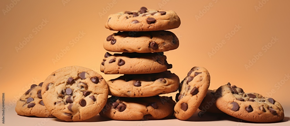 Poster stacked chocolate chip cookies against a isolated pastel background copy space