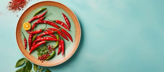 Foto auf Acrylglas Scharfe Chili-pfeffer Red chili peppers on plate Fresh spices on a isolated pastel background Copy space Raw veggies