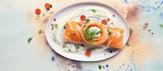 Make pancake wraps with salmon and cream cheese isolated pastel background Copy space