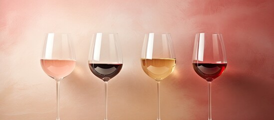 Three wine glasses containing white rosé and red wine isolated pastel background Copy space