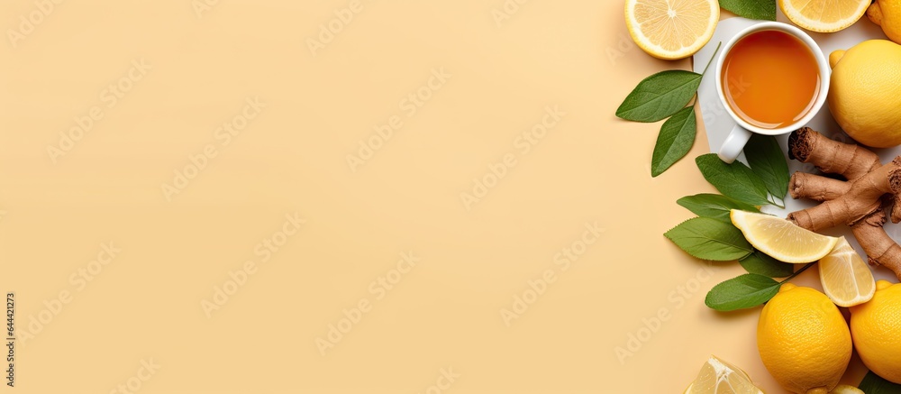 Poster Top down view of ginger tea with lemon honey mint leaf against isolated pastel background Copy space with space for text