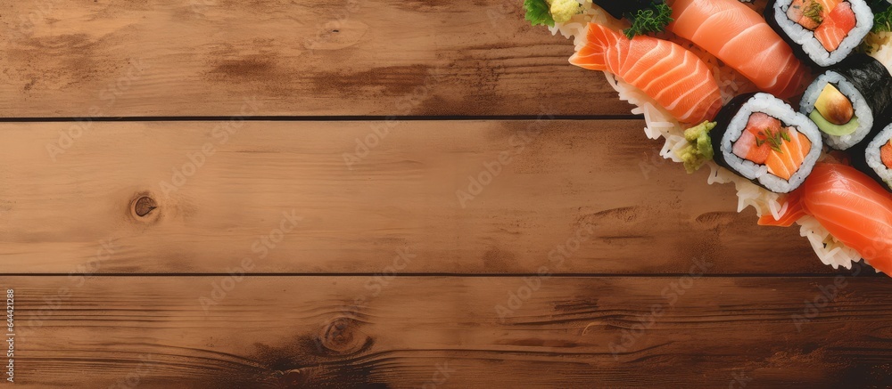 Poster sushi assortment on table isolated pastel background copy space