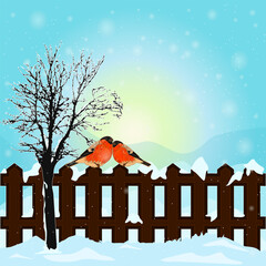 Winter landscape with bird bullfinch on fence, snow covered hills and blue morning sky. Two red birds sitting on fence. Christmas winter scene with snowfall. Snowy scenery. Stock vector illustration