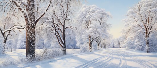 Obraz premium Winter in the countryside with snowy trees isolated pastel background Copy space
