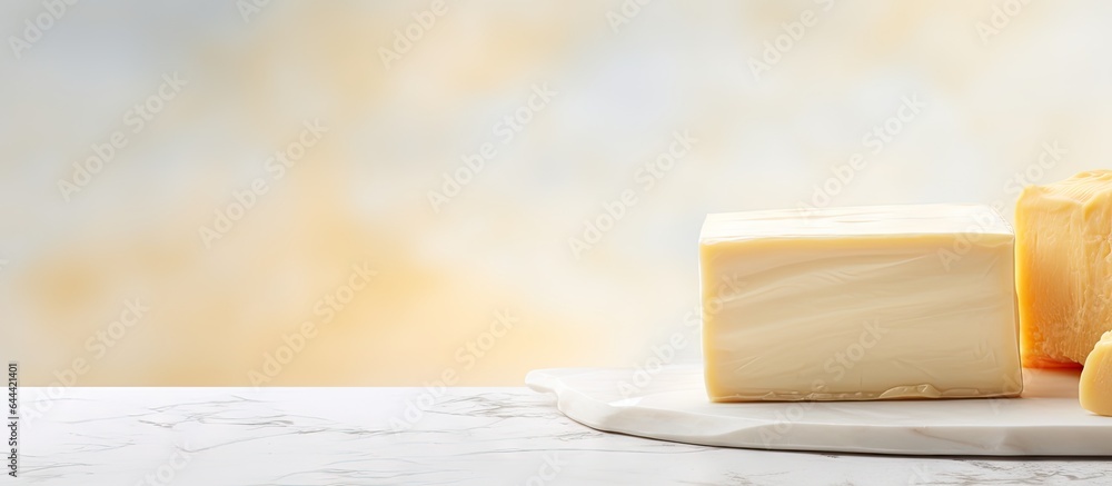 Poster selective focus on a white marble table with butter isolated pastel background copy space