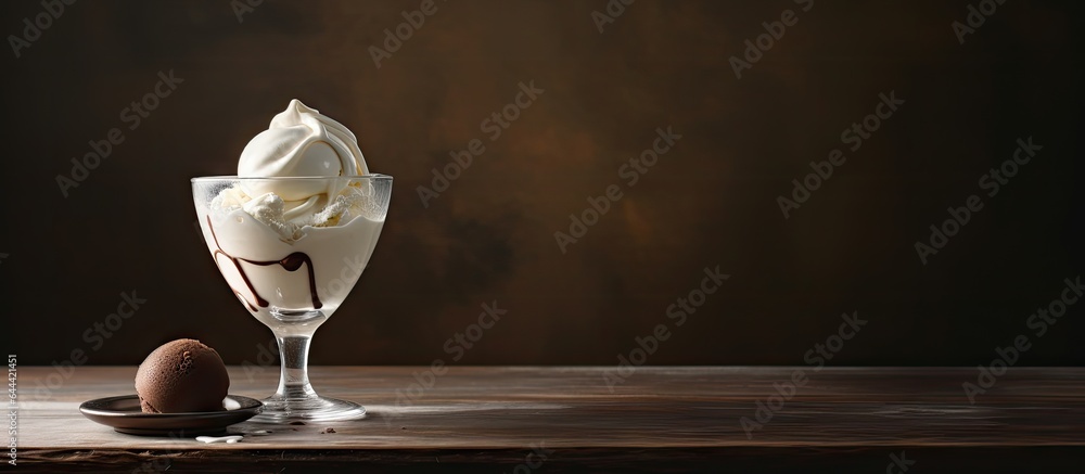 Aufkleber vanilla ice cream with chocolate topping in a glass decorated on a rustic wooden table space for tex