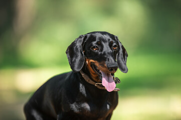 Portrait of a short haired black and tan miniature dachshund looking at the camera outdoors on a sunny day