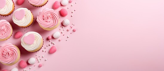 Obraz na płótnie Canvas Raspberry filled cupcakes with a polka dot design isolated pastel background Copy space