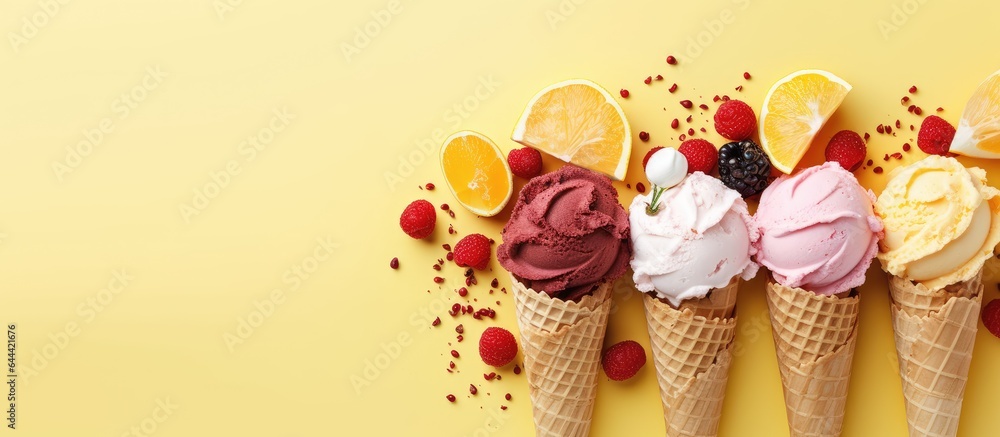 Aufkleber sweet food with lemon and cranberry on isolated pastel background copy space is ice cream in cones