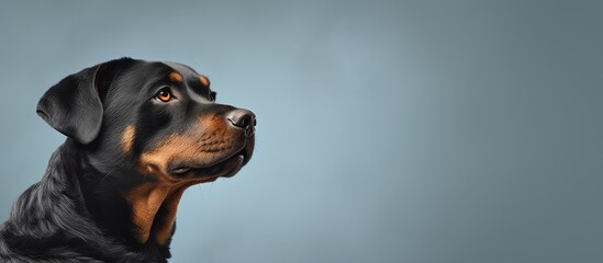 Fototapeta premium Rescue Rottweiler tilting head in studio portrait against light isolated pastel background Copy space