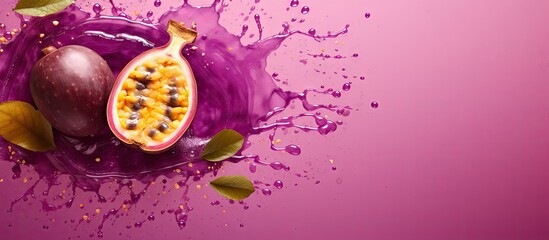 Purple passion fruit on a isolated pastel background Copy space with passionfruit juice - obrazy, fototapety, plakaty