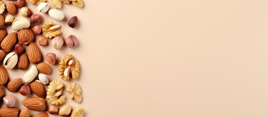 Nuts arranged on a isolated pastel background Copy space From above