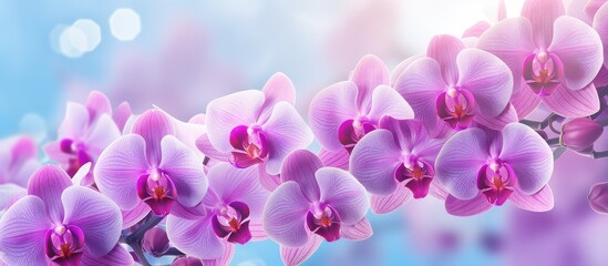 Orchids Farm with Vanda Orchids in full bloom isolated pastel background Copy space