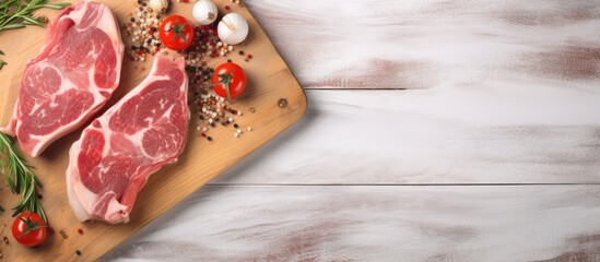 Pork chops displayed on a board for cutting isolated pastel background Copy space