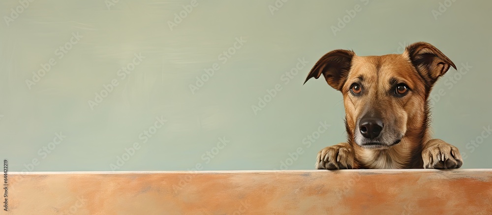 Poster mutt with light colored fur standing in studio isolated pastel background copy space