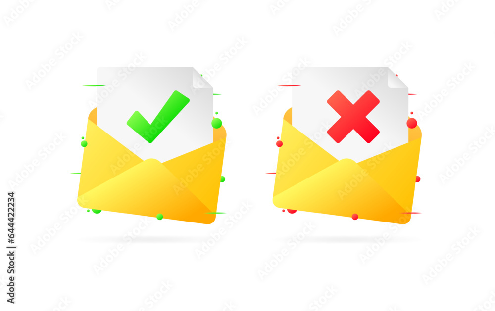 Poster file with a check mark and a cross. flat, yellow, approved file, rejected file. vector icons