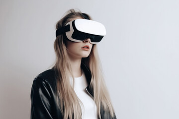 Naklejka premium Girl in virtual glasses on a light gray background