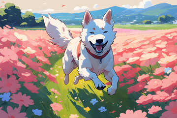 Draw me a Jindo dog running through a flower field. Generative AI