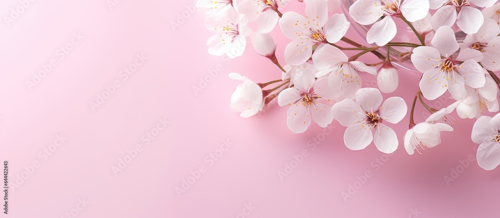 Poster spring vibes with white flowers in a clear glass against a isolated pastel background copy space pro