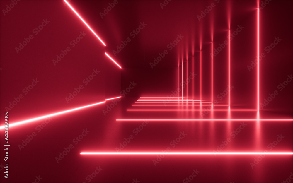 Poster abstract indoor building with neon light, 3d rendering.