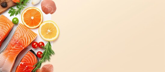 Salmon with veggies isolated pastel background Copy space