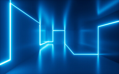 Abstract indoor building with neon light, 3d rendering.